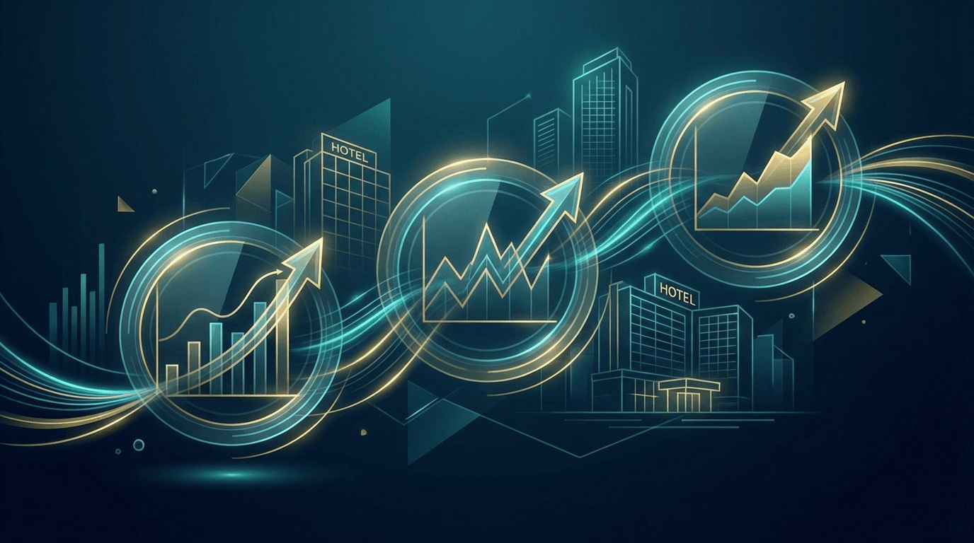 RevPAR・ADR・稼働率の3大KPIダッシュボードを表すデータビジュアライゼーション