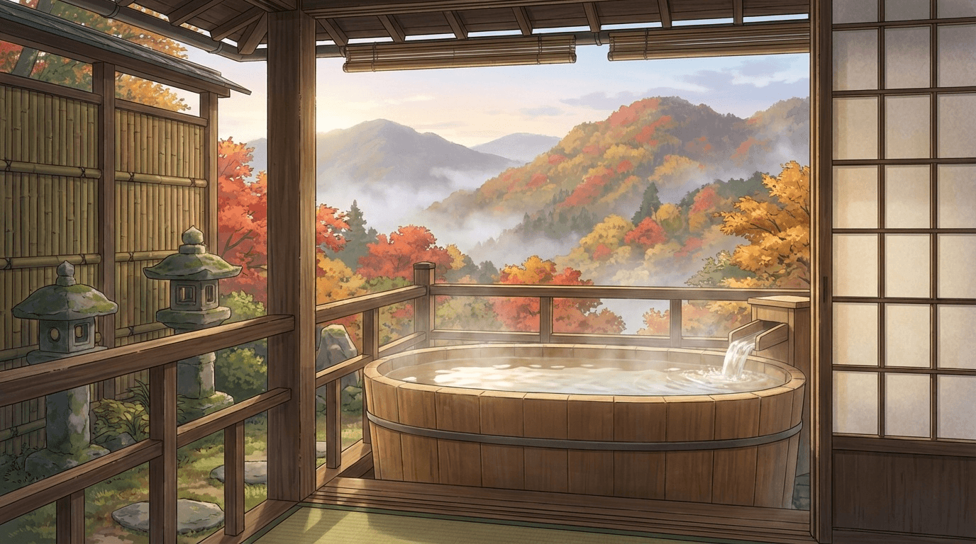 露天風呂付き客室のイメージ:檜の露天風呂から望む山並みと紅葉