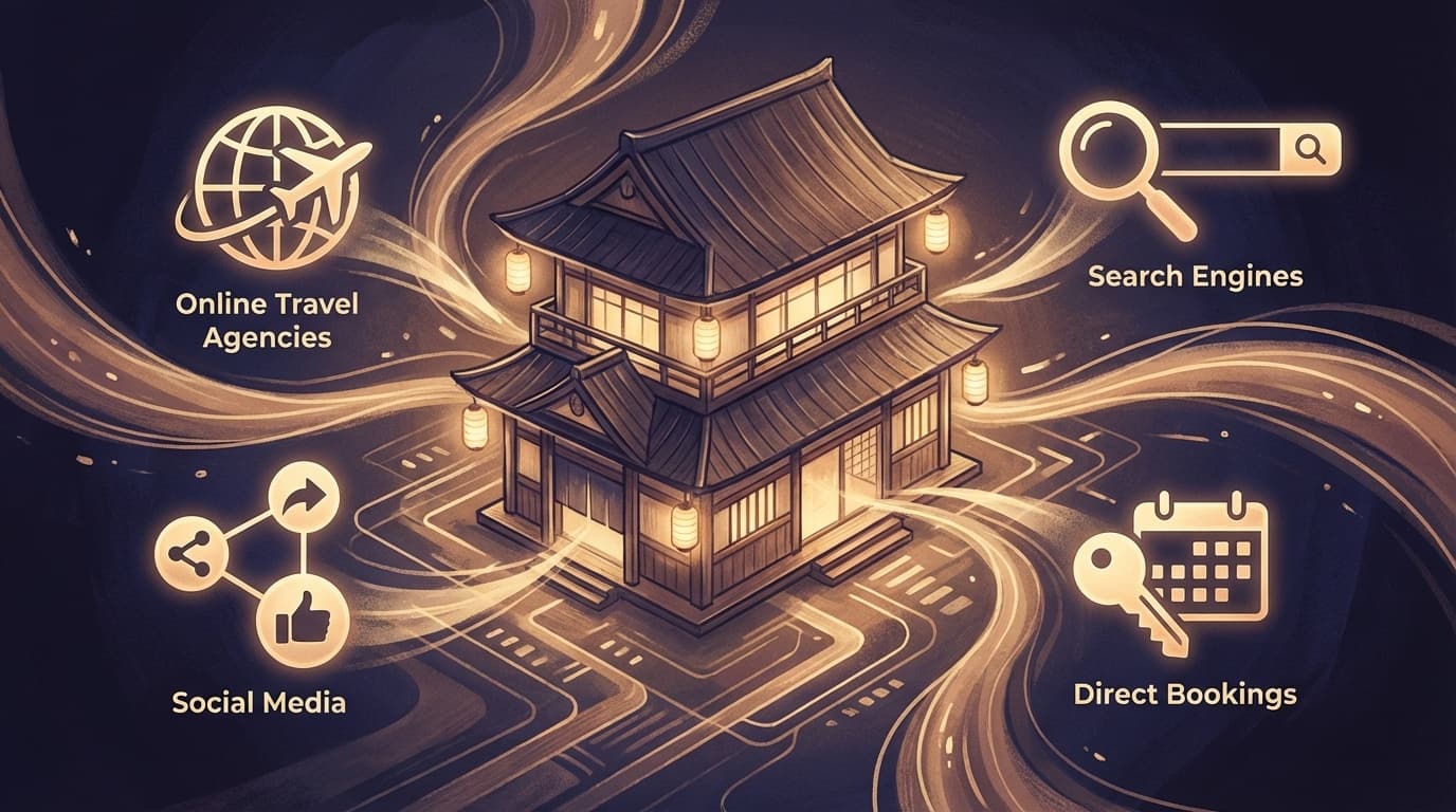 旅館の集客方法を表すデジタルマーケティングチャネルの概念イラスト