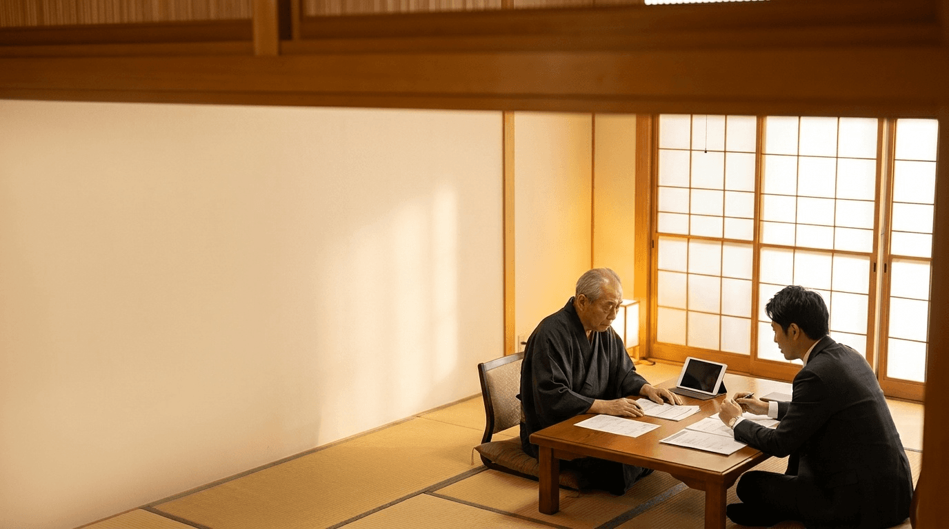 旅館の和室で事業承継の書類を確認する経営者と後継者候補