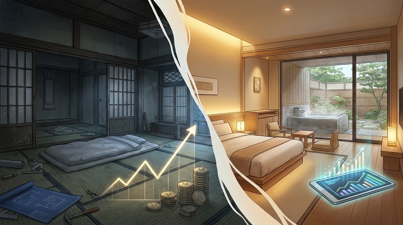 旅館リノベーションのビフォーアフター:伝統的な和室から改装されたモダン和室への変化を表す概念イラスト