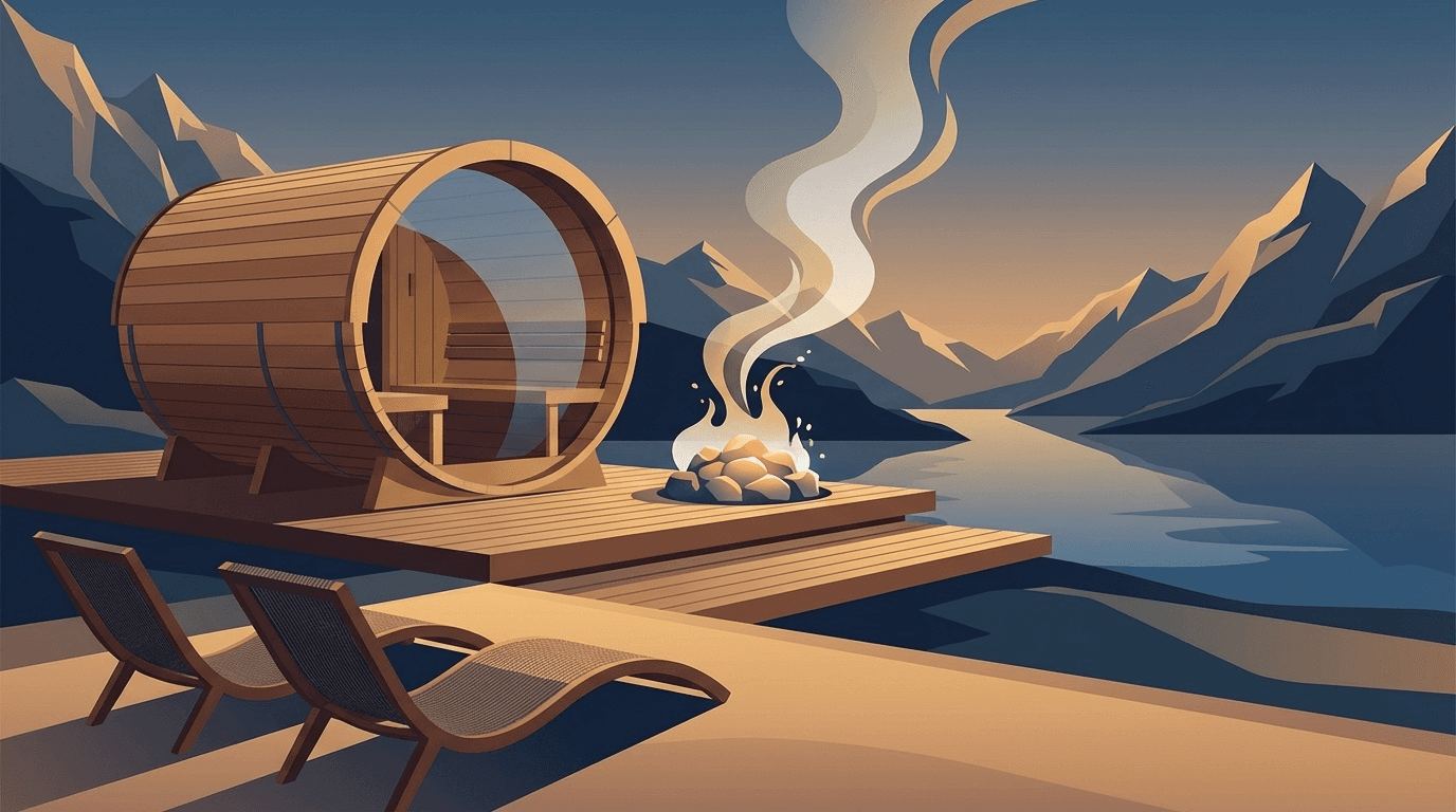 サウナ付きホテルの木製バレルサウナと山と湖を望む外気浴テラスのイラスト