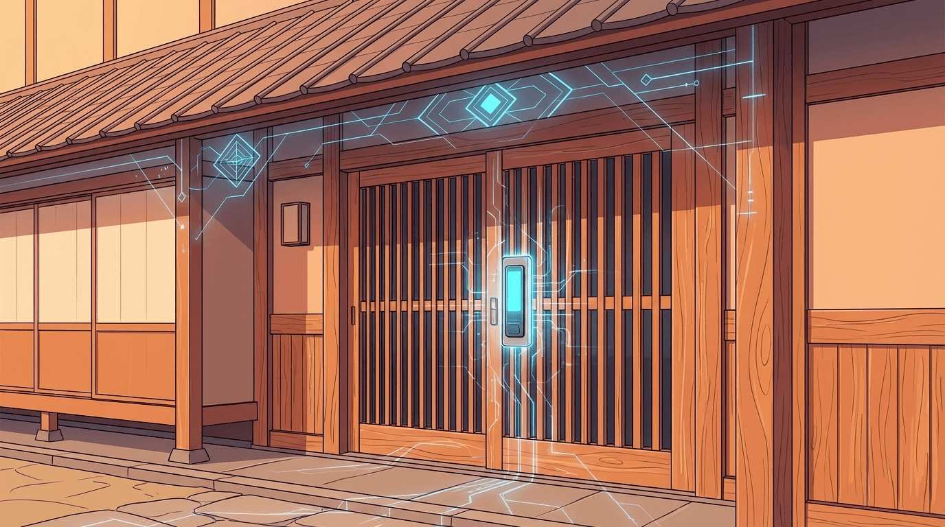 スマートロックが設置された旅館の木製引き戸とデジタルセキュリティの概念イラスト