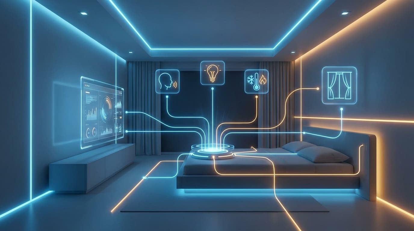 統合型スマートルームプラットフォームのコンセプトイメージ:AI音声・IoT・PMSが一元化された客室DX