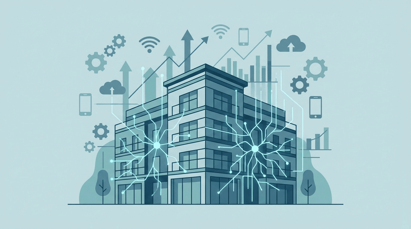 中小独立系ホテルのAI導入戦略とROI成長を表すデジタルアートイラスト