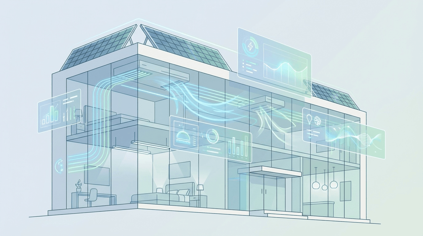 AI空調制御と省エネ設備によるホテルのエネルギーマネジメントを表すイラスト