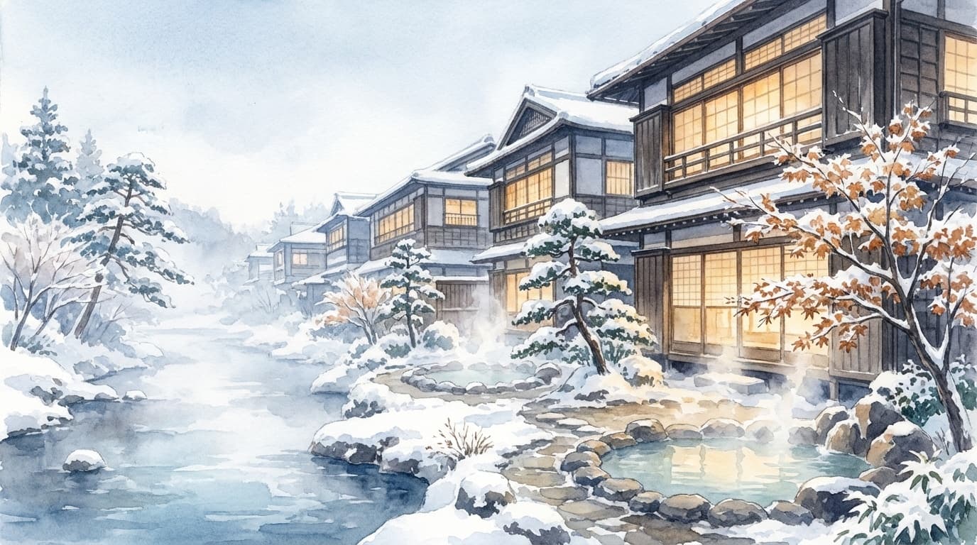 東北の温泉旅館と雪景色の水彩画風イラスト|銀山温泉をイメージした大正ロマンの街並み