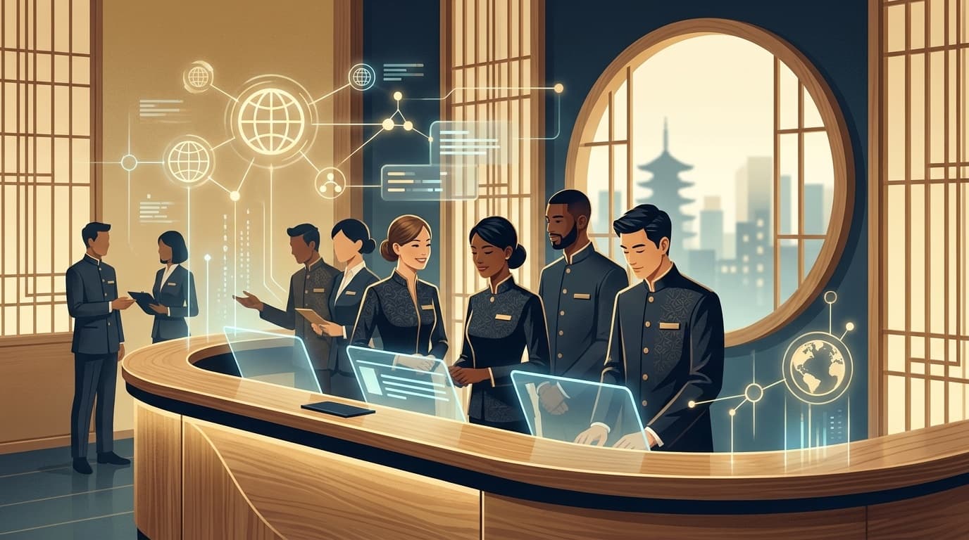 特定技能「宿泊」で外国人材が日本のホテルフロントで働くイメージイラスト