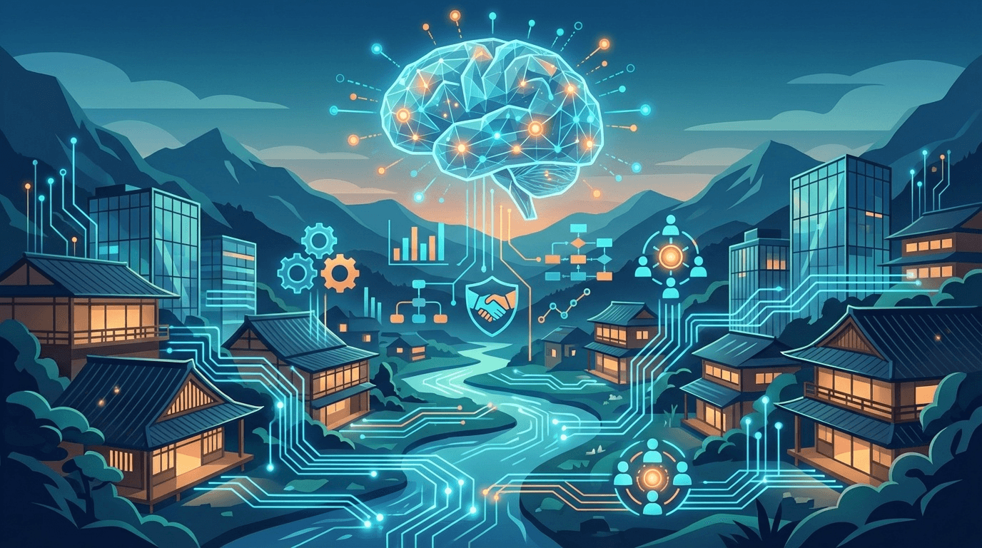 観光DX推進モデル実証事業と生成AI地域連携を表す、デジタルネットワークでつながる日本の温泉街のイラスト