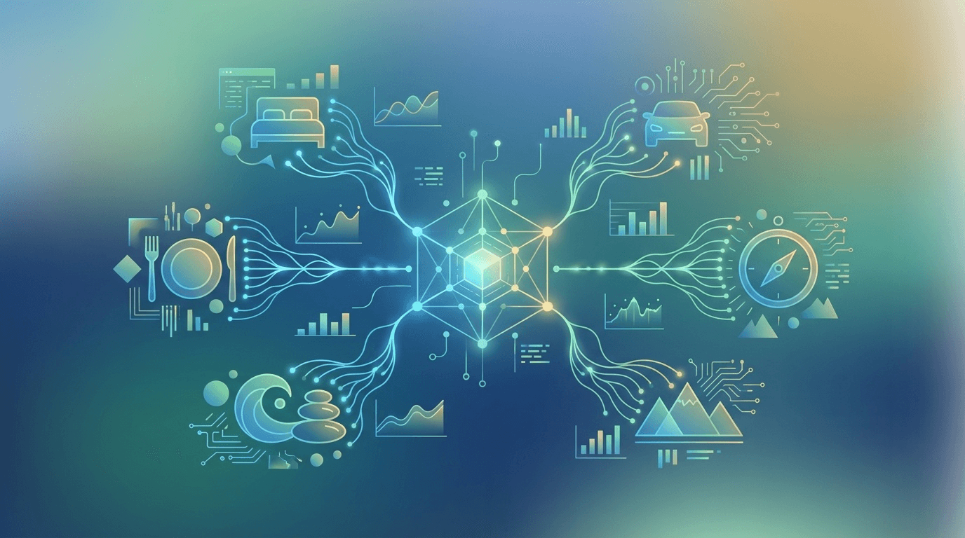 TRevPAR最大化のためのトータルレベニューマネジメント:AIによる全収益チャネルの統合最適化を表す概念イラスト