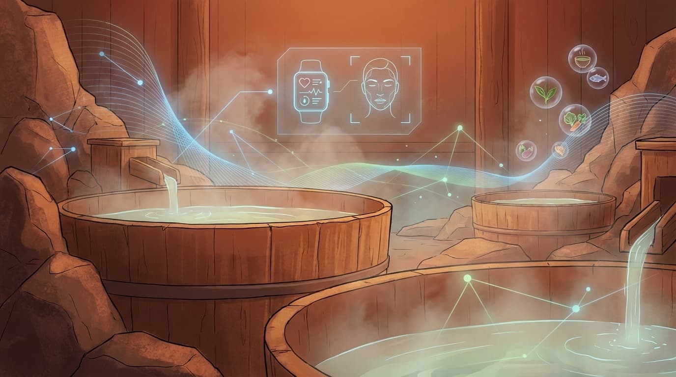 ウェルネスツーリズム2.0:AI肌分析とウェアラブル連携による温泉旅館の高付加価値化を表現したデジタルアートイラスト